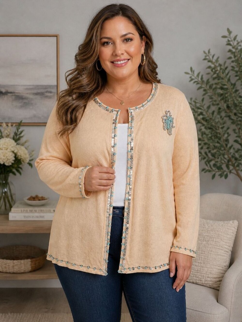 Storybook Knits peach-colored cardigan sweater sequin beaded embellishments XL